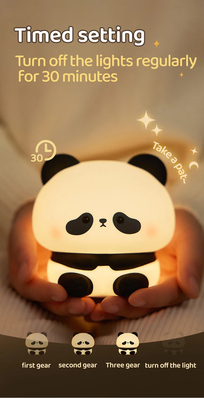 Luminária de Noite LED Panda – Lâmpada de Toque em Silicone, Recarregável via USB, Luz Noturna para Quarto Infantil, Decoração Fofa e Presente para Crianças