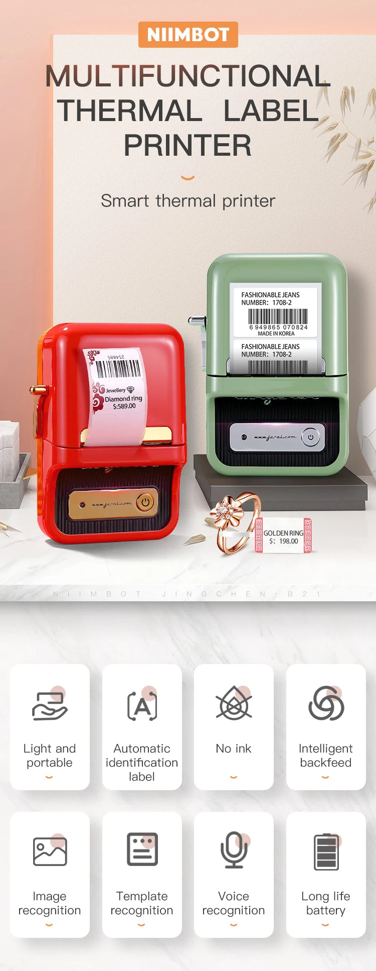Niimbot B21 Mini Impressora Térmica Portátil de Etiquetas – Impressora de Adesivos Compacta para Casa e Escritório, Conectividade via Smartphone – Novo Modelo