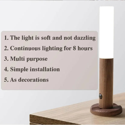 Luminária LED Inteligente com Sensor de Movimento – Design em Madeira, Recarregável e com Fixação Magnética