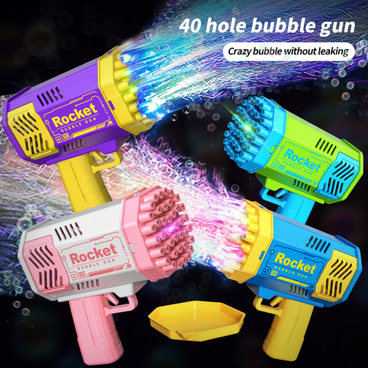 Pistola de Bolhas Infantil com 40 Furos – Lançador Automático Elétrico com Luz LED | Brinquedo Portátil para Meninos e Meninas