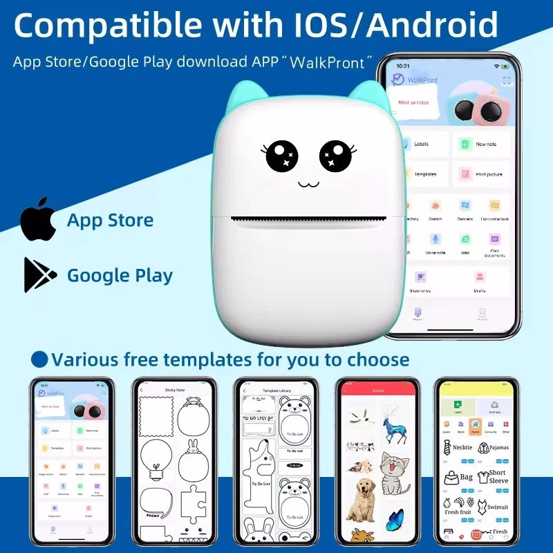Mini Impressora Térmica Portátil Bluetooth – Modelo Gatinho Fofo | Para Fotos, Etiquetas e Anotações