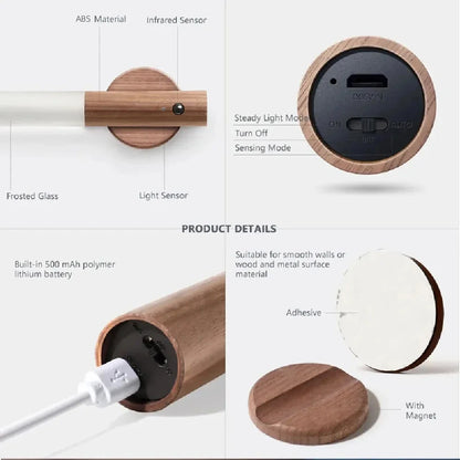 Luminária LED Inteligente com Sensor de Movimento – Design em Madeira, Recarregável e com Fixação Magnética