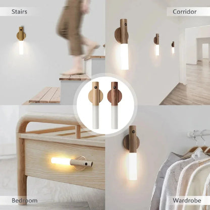 Luminária LED Inteligente com Sensor de Movimento – Design em Madeira, Recarregável e com Fixação Magnética