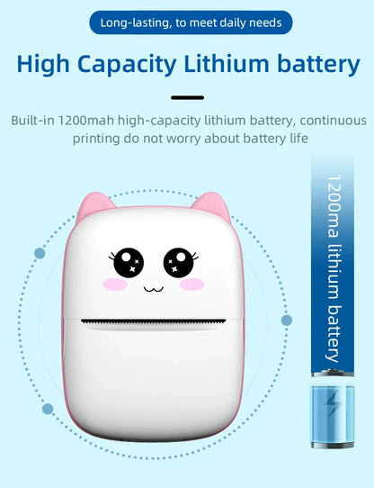 Mini Impressora Térmica Portátil Bluetooth – Modelo Gatinho Fofo | Para Fotos, Etiquetas e Anotações