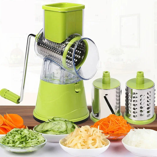 Ralador de Queijo Manual Rotativo 3 em 1 – Cortador de Legumes, Fatiador de Batata, Mandoline Multifuncional | Acessório de Cozinha Prático e Seguro