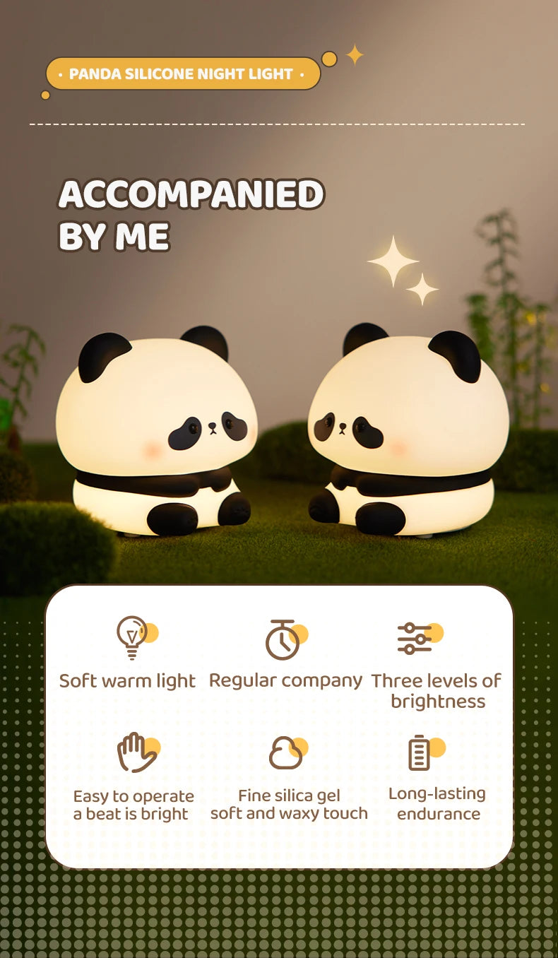 Luminária de Noite LED Panda – Lâmpada de Toque em Silicone, Recarregável via USB, Luz Noturna para Quarto Infantil, Decoração Fofa e Presente para Crianças